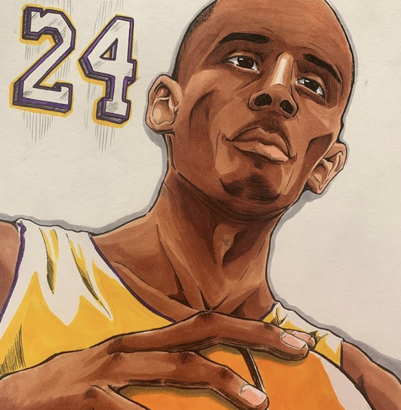 In honor of Kobe Bryant, student Jordon Olivares draws him.