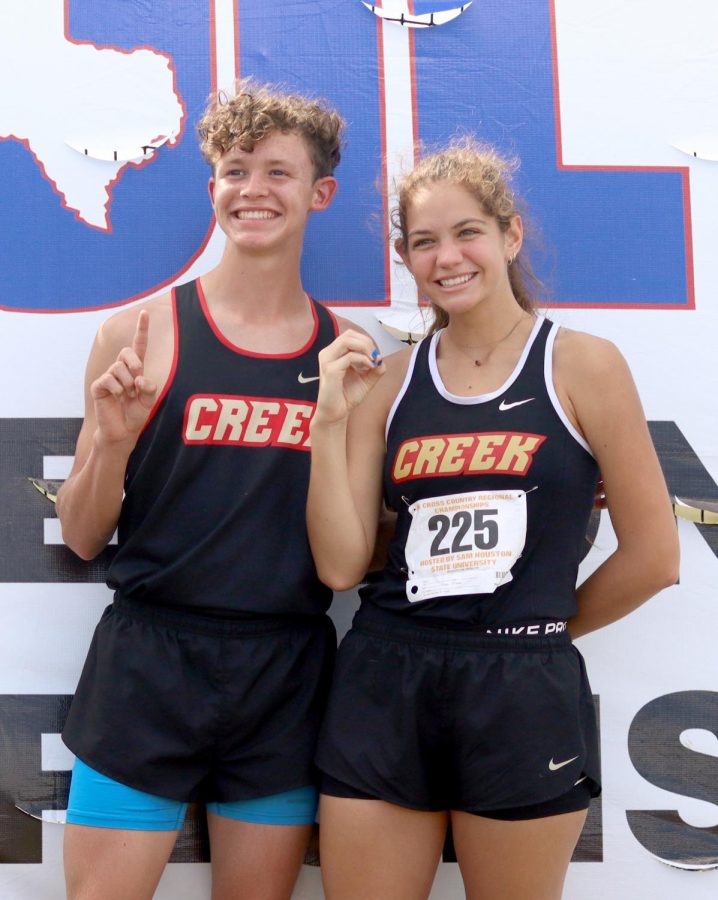 Celebrate good times. Thomas Crider and Itzela Darkenwald pose for a few celebratory photos Monday, Nov. 9 after qualifying for the state meet at the regional event held at Kate Barr Ross Memorial Park in Huntsville. Crider became the first boy to qualify for state in four years, while Darkenwald became the first girl ever.

