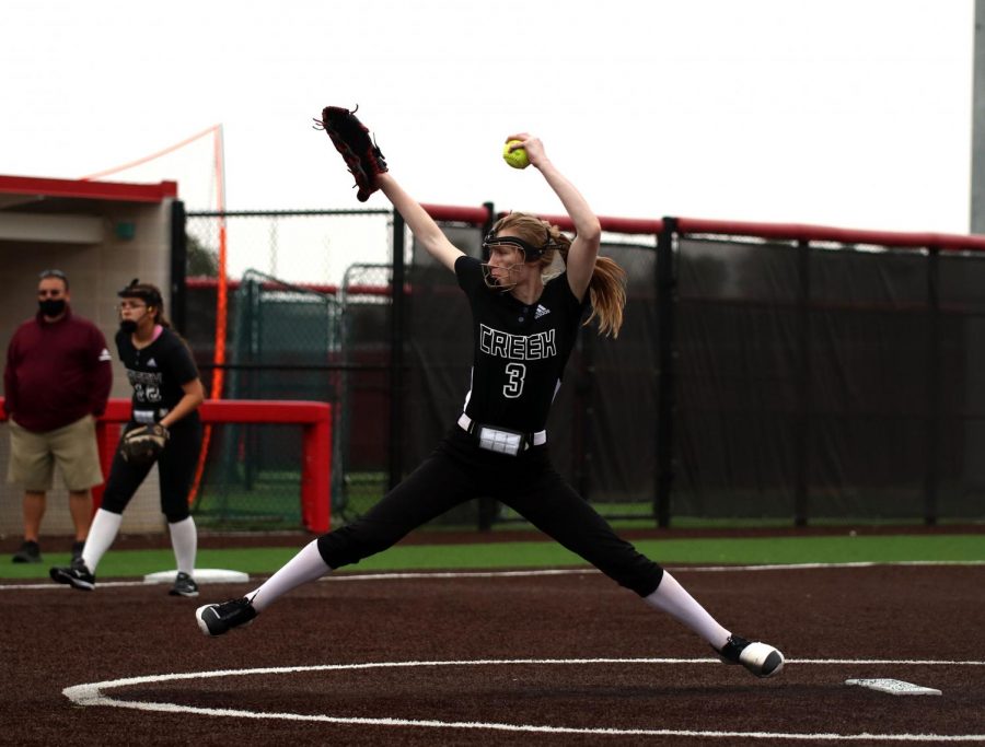 Senior and pitcher Lydia Madden throws during the first inning against Summer Creek at the Crosby Tournament at Crosby High School, February 25, 2021.    