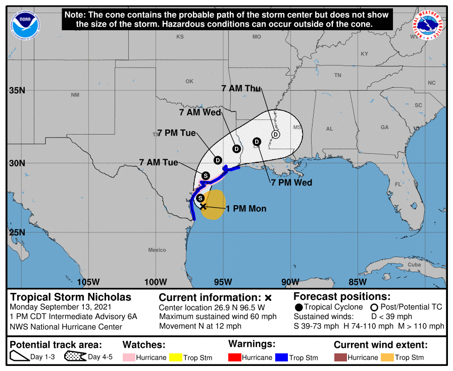 Tropical Storm Nicholas is expected to make landfall early Tuesday morning/late Monday night and turn east toward the Caney Creek area.