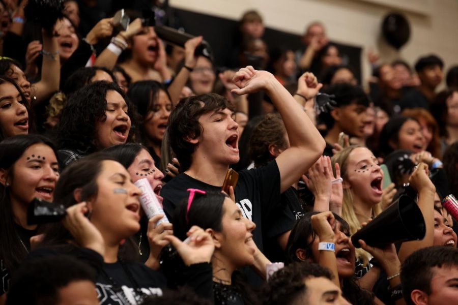 SENIOR BATTLE CRY. Senior Blake Brandon screams along with the senior class as they chant victory to determine who’s the loudest among the classes on Oct. 28, 2022. Brandon and other seniors in the class were encouraged throughout the pep rally for students to scream and participate in the rally as it’s their last fall pep rally of the year. “I really enjoyed the pep rally,” Brandon said. “Screaming my head off so the seniors would win.”