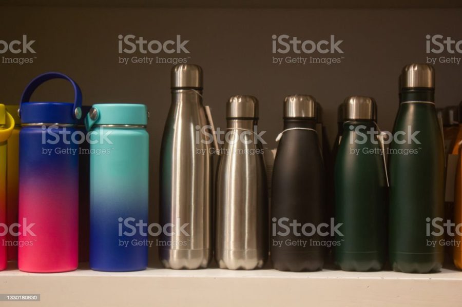 Several ecofriendly reusable water bottles placed on a shelf