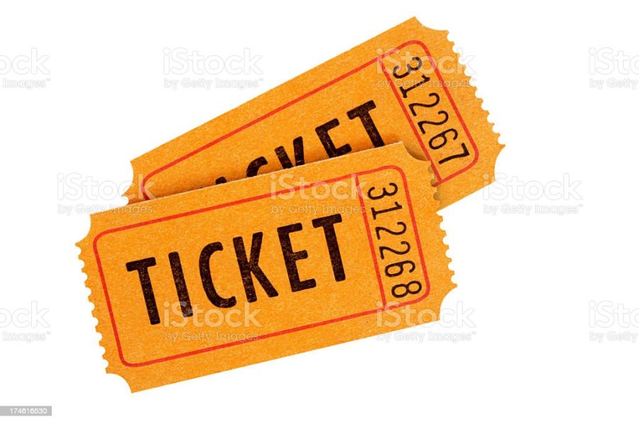 Orange admission tickets fully isolated on white.  Alternative version shown below: