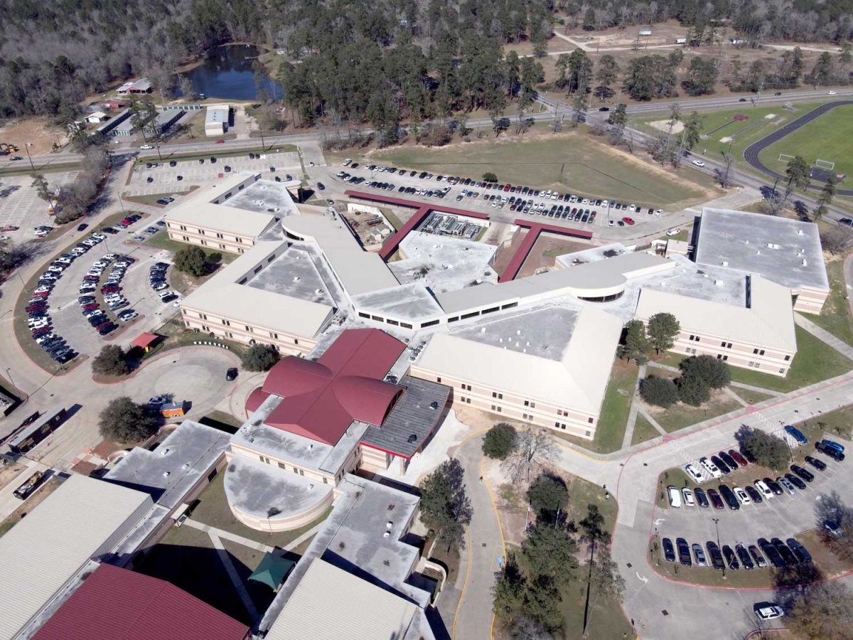 An aerial photo of Caney Creek High School.