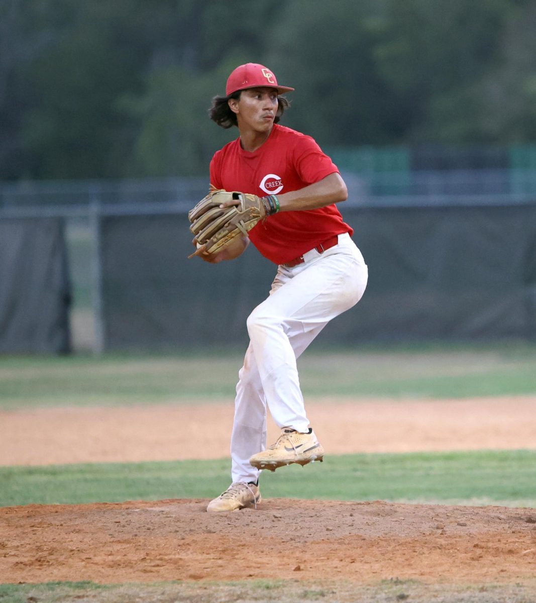 GET READY. Senior Efren Solis prepares to pitch a fast ball on Sept. 6, 2023 at Caney Creek High School. During the start of every inning the team switches out their pitchers allowing everyone a chance to pitch.