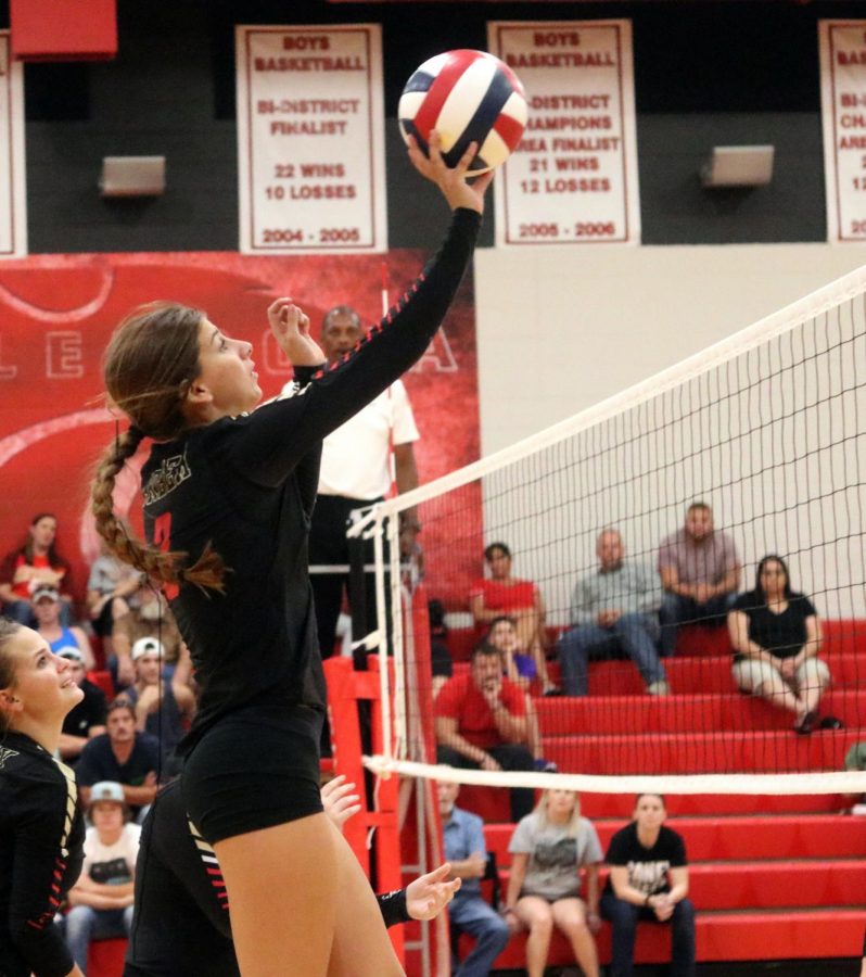 Varsity captain Blakely Niles blovks the volleyball from hitting the floor on the Panther's side of the net. Volleyball ended their season last week.