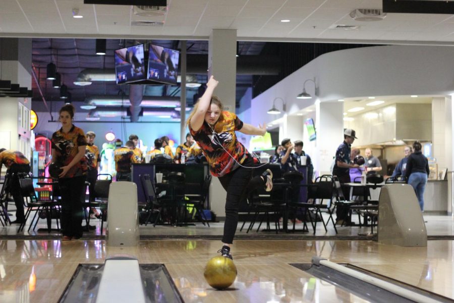 STRIKE. Senior Haylee Raska bowling a strike  in the sixth frame at Time to Spare Feb. 25.