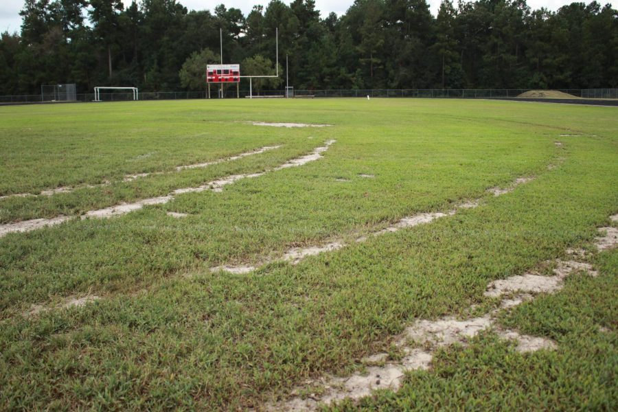 Tire tracks from an unknown person ruined the Caney Creek High School football field Sunday, Sept. 8 about 2 a.m. Police are still looking for suspects in the case.