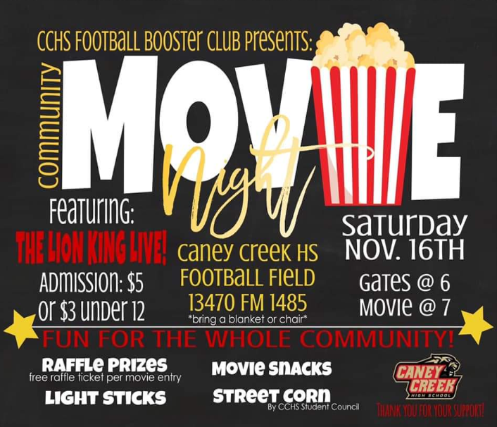 PROMOTIONAL FLYER. The football booster club hung up posters around the school to advertise their movie night. 