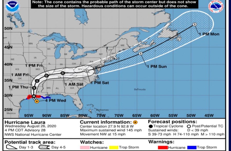 Hurricane Laura forecast track and intensity. Provided by National Weather Service.