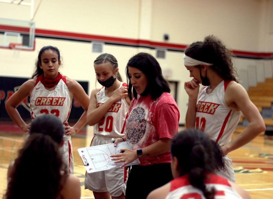 Girls basketball coach Kasey Tiech aids team before game against Klein Cain High School.