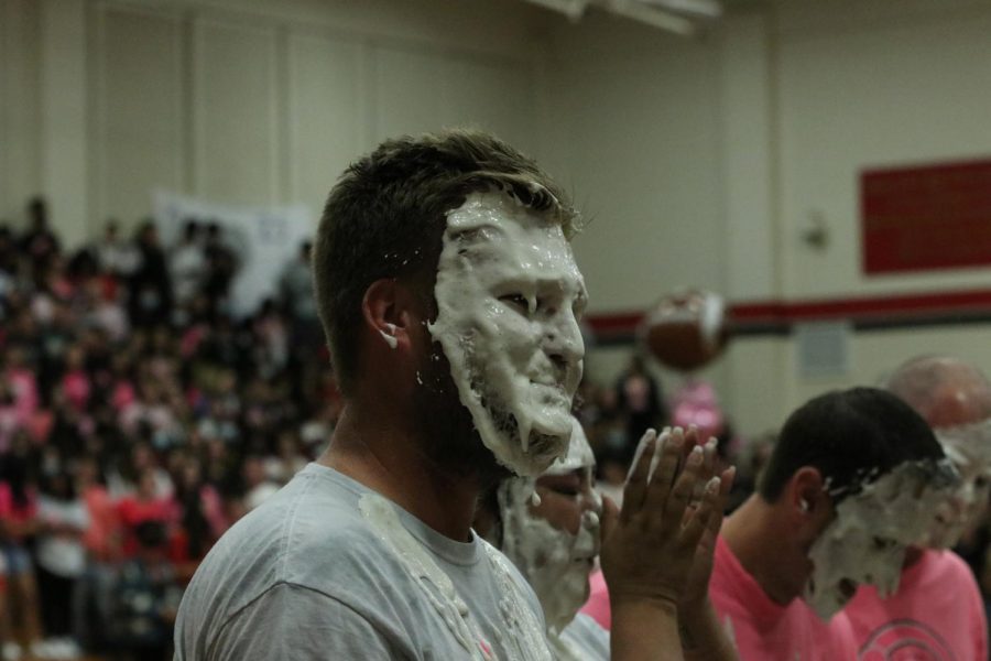 Kendall Hineman gets pied in the face at the pink out pep rally!