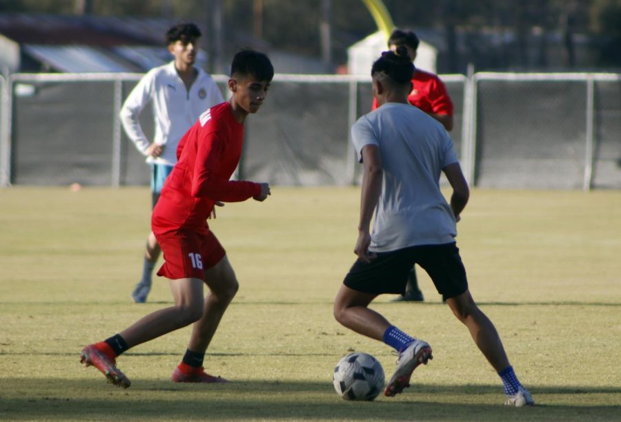 sophomore Brayan Lopez trying to steal the ball from opposite player Victor Poisot.