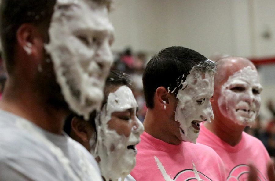All the Aps just got pied in the face.They got pied for the final show for the Pink Out Pep Rally