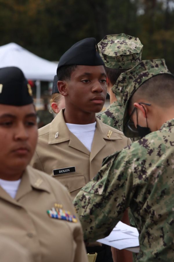TIME TO BE SERIOUS: Joshua Dixon (9) standing at attention while being inspected at the Drill Meet.