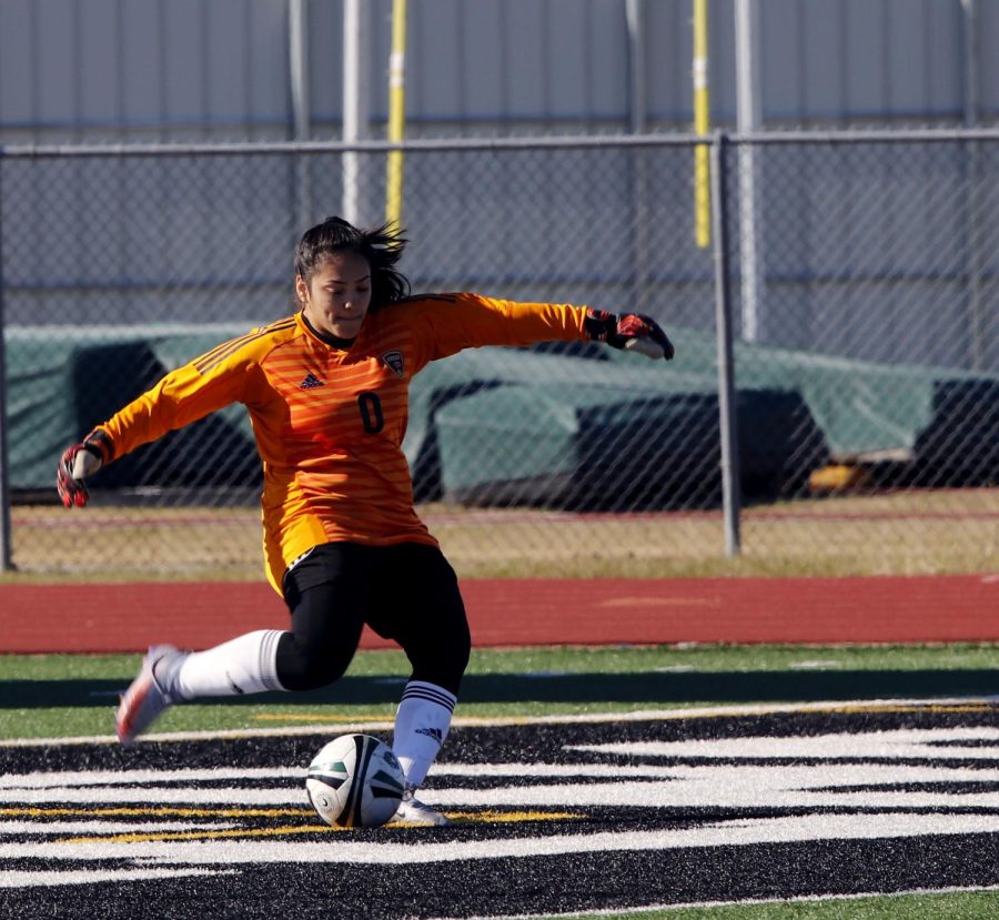 Gisela Perez (11) punts the ball.