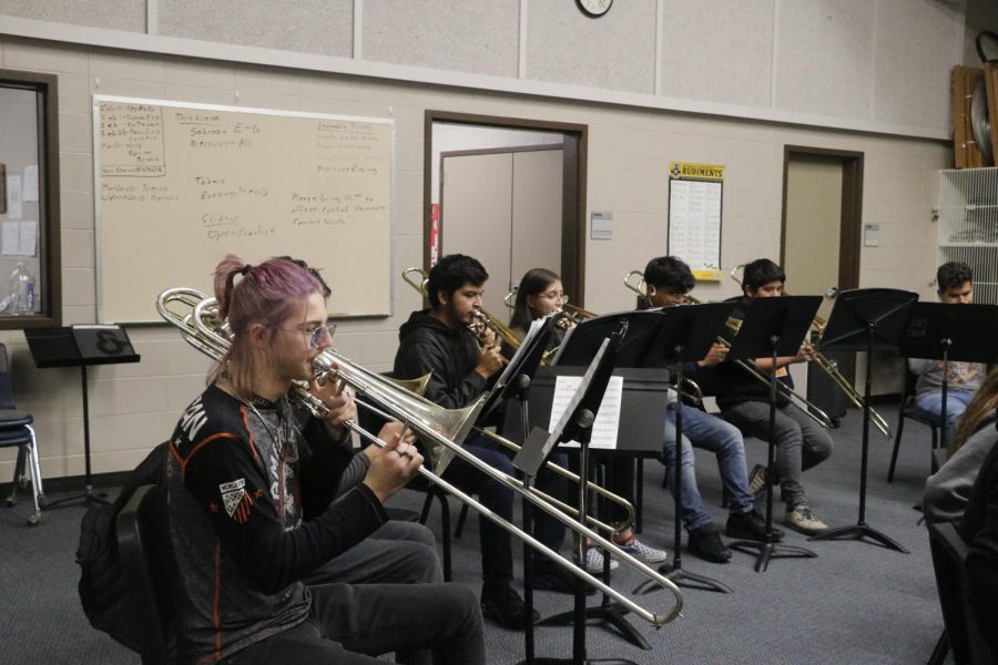 The trombones being together as one, being on time with the bet and making the music come out great.