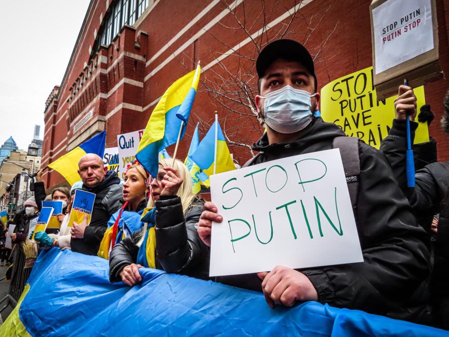 New Yorkers in the street protesting against the war in Ukraine on Feb. 23, 2022.