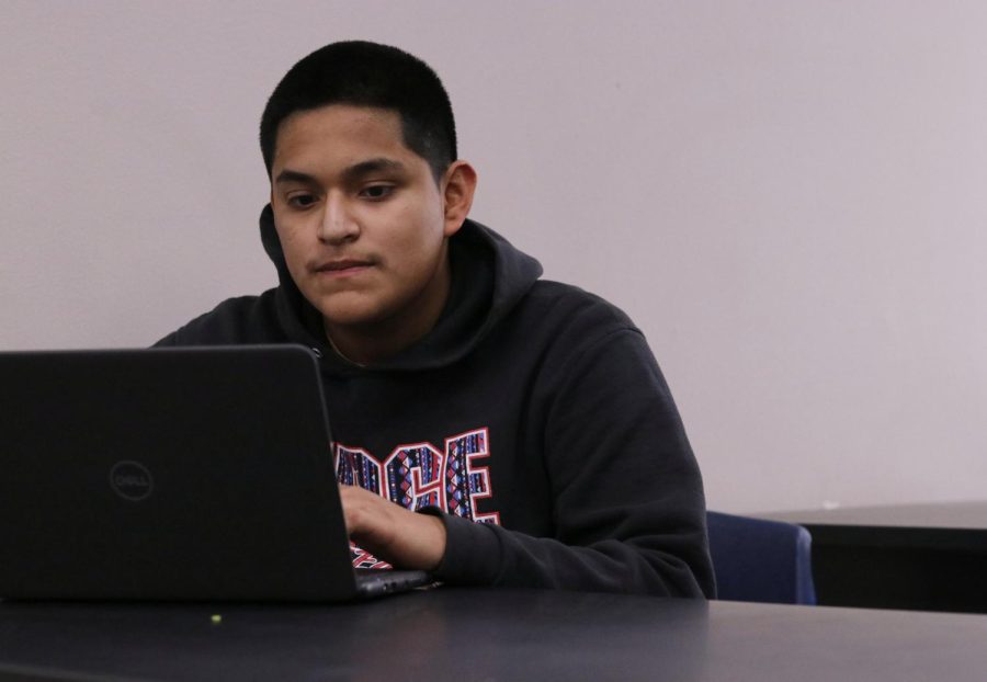 Guillermo Herrera (11th grader) is currently on his computer in construction class.He is doing a OSHA 30 hour training assignment to learn the safety procedures for construction
