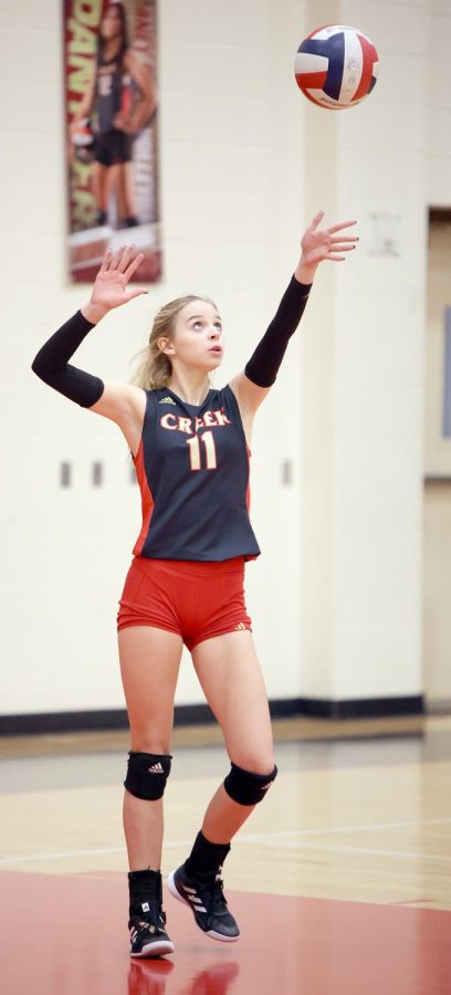 SPIKE OUT. Senior Emily Bockleman serves the ball in a game against Grand Oaks High School on Sep. 30 in the performance gym at Caney Creek High School. 