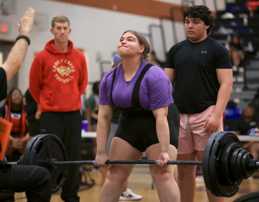 POWER. Junior Nicole Rodriguez attempts the deadlift for the first time at the regional girl’s powerlifting meet at Alvin High School on Feb 25, 2023. Rodriguez had attempted the squat as well and came a bit short in certain events, “ I was really nervous with not getting my lifts up, which I didnt” Rodriguez said “It was a bunch of emotions at one time.”

