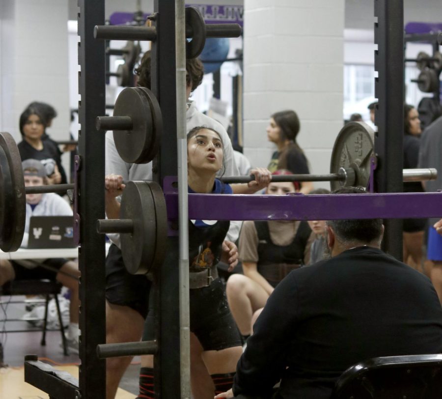 POWER THROUGH! Senior Ruby Sanchez competes at Willis high school on Feb 16,2023. Ruby got first place in her weight class and will be going to compete in the girls regionals meet on Feb 25, 2023 at Alvin high school.