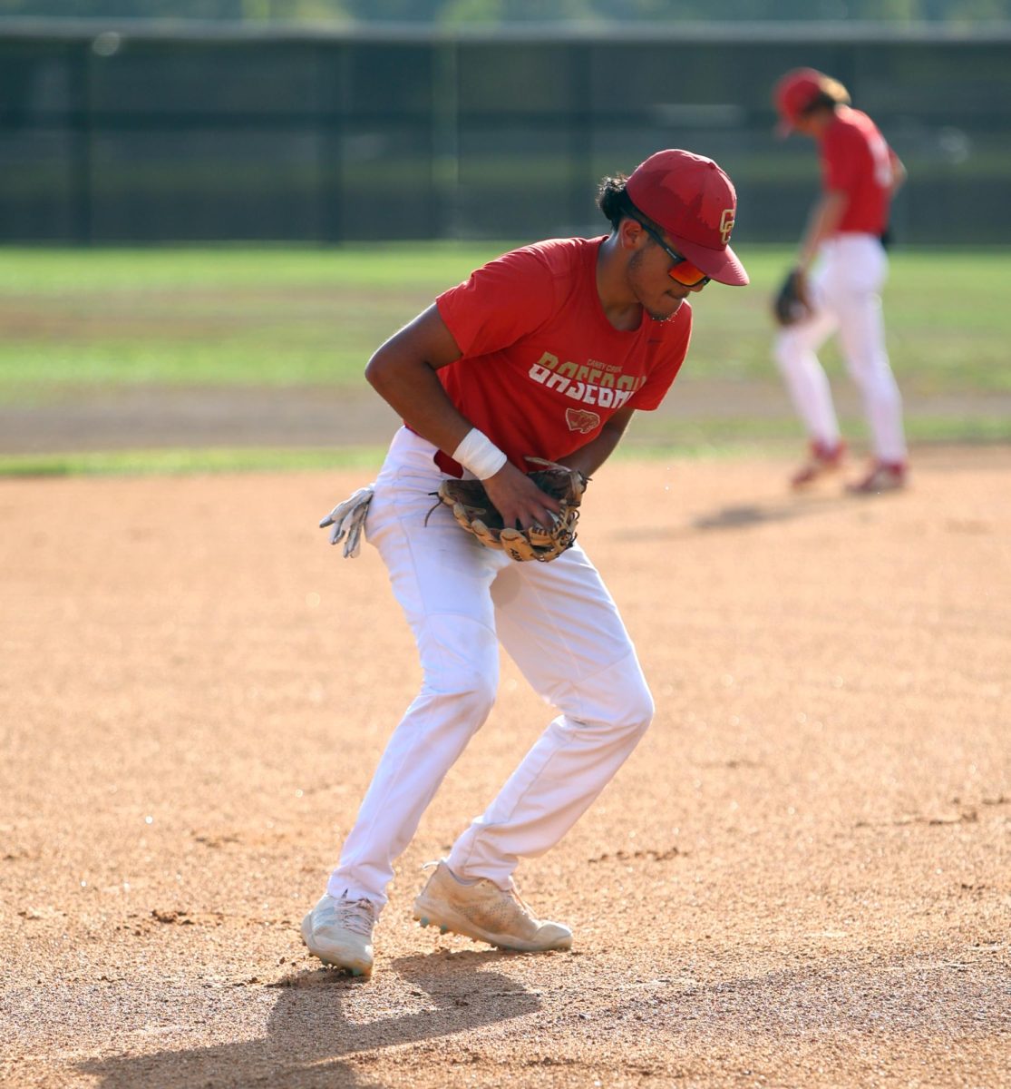 LOCK IN. Senior Aaron Molina picks up the ball and prepares to throw it to home base on Sept. 6, 2023 at Caney Creek High School. This was the first time Caney Creek has competed in Fall Ball. “I think I did good overall for not playing in a game for 4 months,” Molina said. “I was a little rusty but I just need to get into the feeling again and Ill be back to my best.”