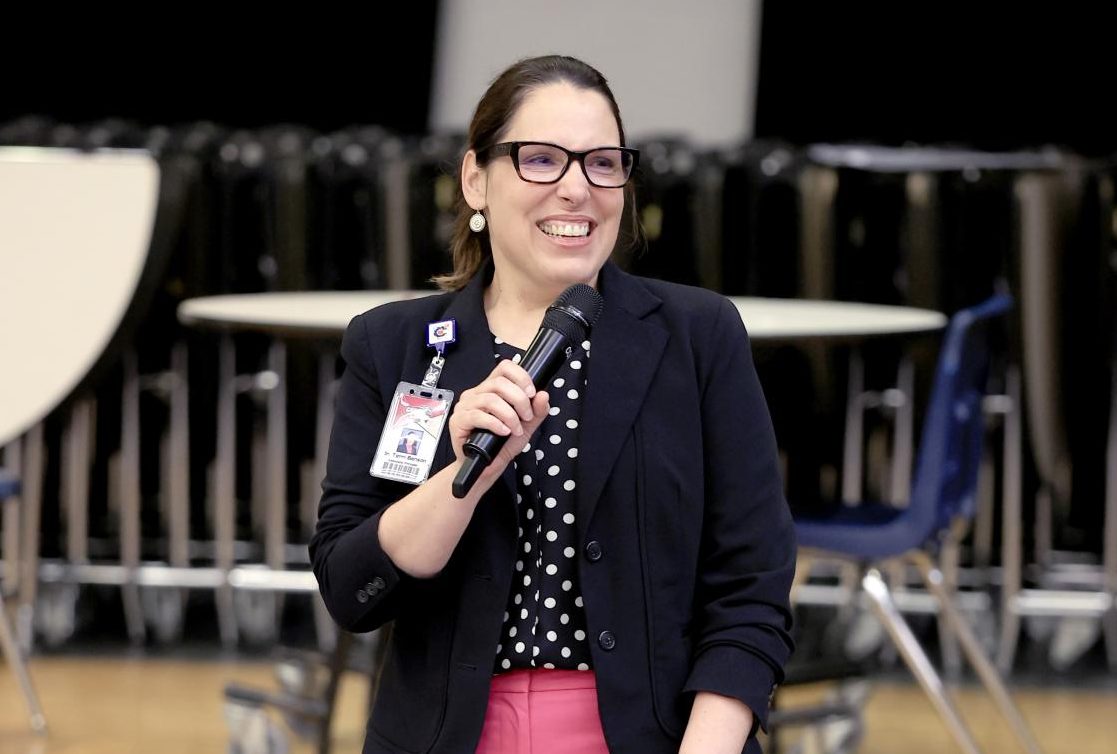 Dr. Terri Benson is announced new principal at faculty meeting March 21, 2023.
