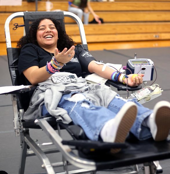 HAHA. Senior Emily Campos stayed positive through the pain of getting her blood taken in the blood drive on Tuesday, Jan 23,2024. Campos is a part of the student council and wanted to do her fair share since she was working the blood drive. 
