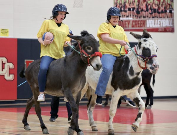 Teachers Kimberly Gorman and Tracy Underwood at FFAs Donkey Basketball on Tuesday April. 12, 2023. This was the first time the FFA organization hosted Donkey Basketball as a fundraiser.
