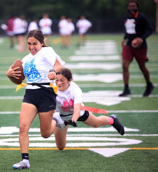 FINISH LINE. Berenice Lopez (12) runs to the end of the end zone on March 30, 2023.
Lopez was trying to score some points on the scoreboard without getting her flags pulled on. “Once I got the ball I ran,” Lopez said “I was just trying to score for my team and at least get some points.” 
