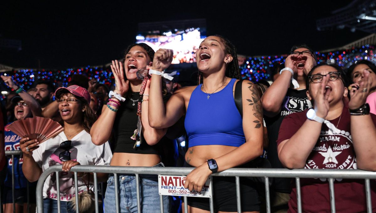 CRY OUT. Audience members of the Kamala Harris Houston Rally Held in NRG Stadium on Oct. 25 shout in support of guest speaker Yessenia Gomez. The rally hosted multiple guest speakers and featured videos on people who held experiences with the abortion laws.