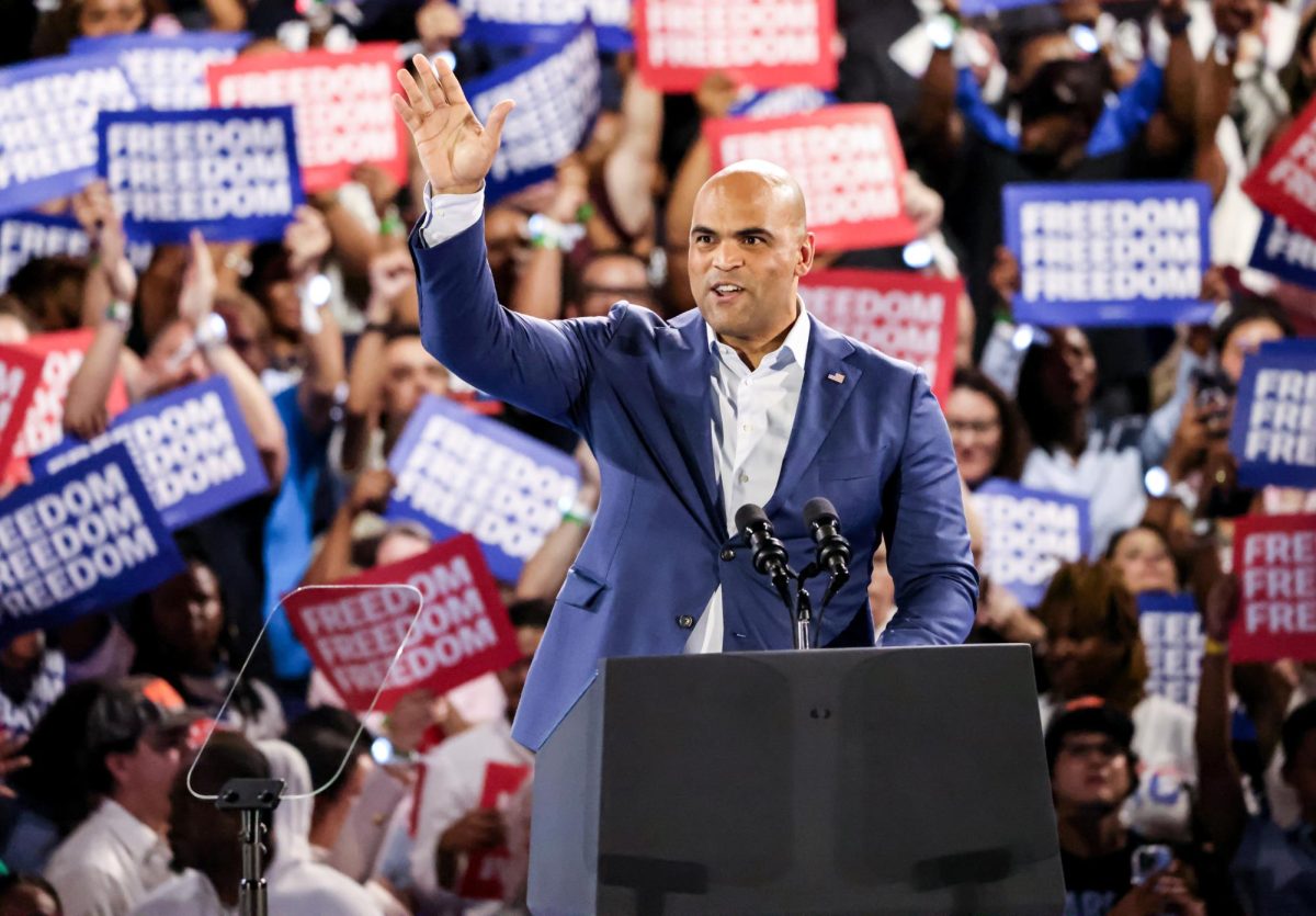 FAREWELL. U.S. Representative Colin Allred waves goodbye to the audience after his speech at the Kamala Harris rally held in NRG Stadium on Oct. 25. Allred spoke on his goals; if he becomes the Texas Senator, and attacked Ted Cruz’s image.