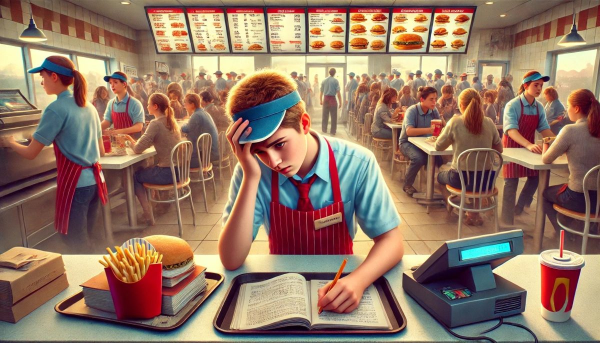 A.I. illustration of a student worker stressed because of working long hours.
Prompt: "Create an illustration of a stressed high school student working a job."