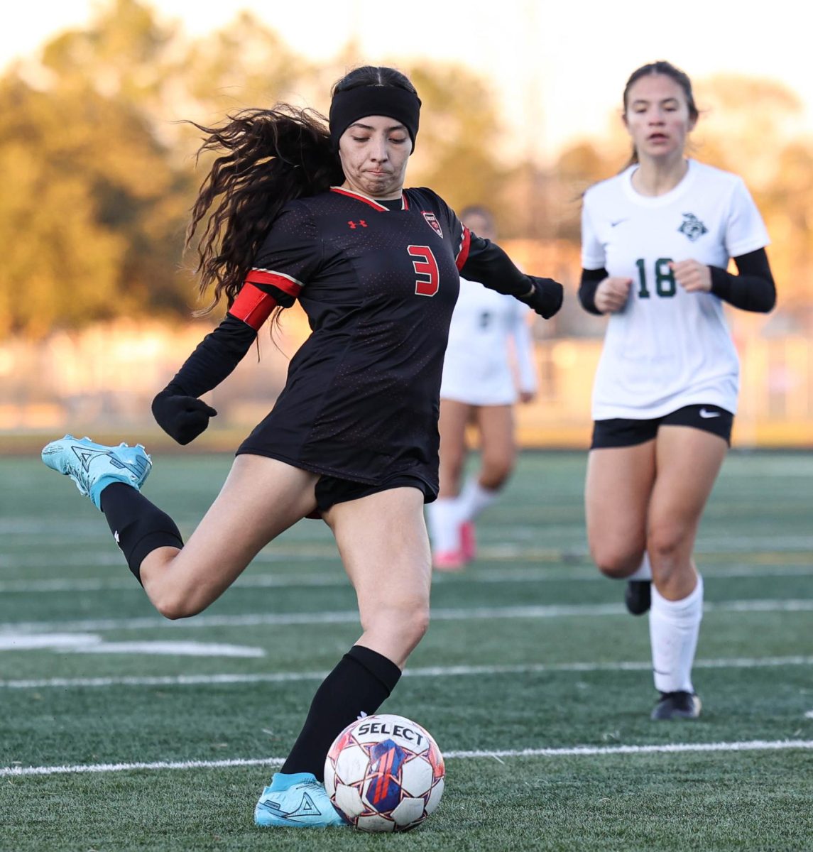 PASS. Senior Wendy Rodriguez about to kick the ball into the final third of the field on Saturday, Jan. 11, 2025. Rodriguez attempted a pass into the final third since she had seen an opening, but it was unsuccessful.