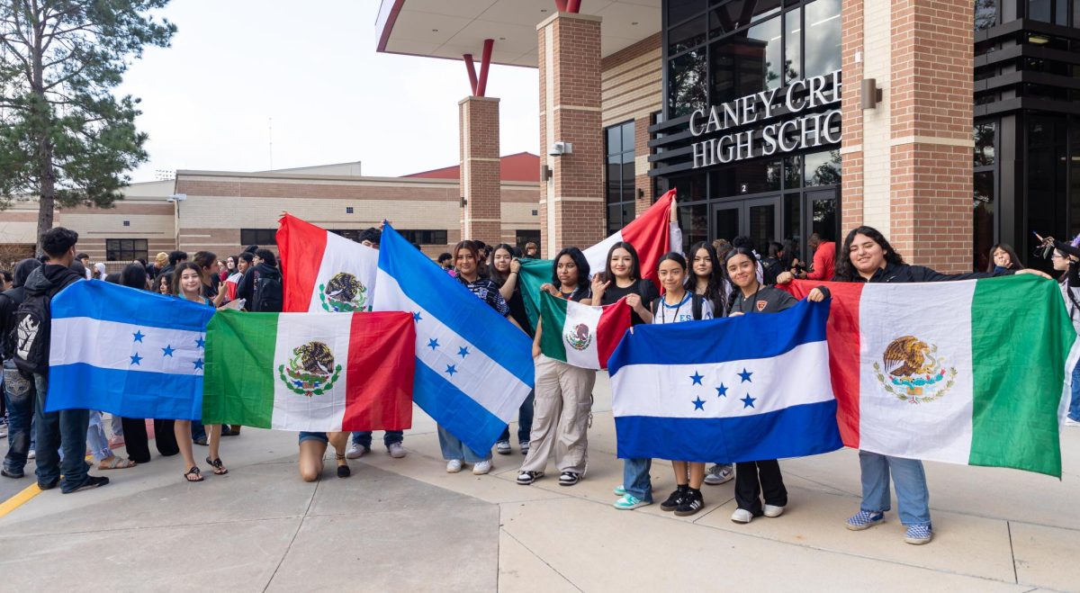 SHOW YOUR COLORS. Students stand outside the front entrance of the building holding flags from their native country Tuesday, Feb. 4. This was in part of a protest of the mass-deportation immigration policies from President Donald Trump.