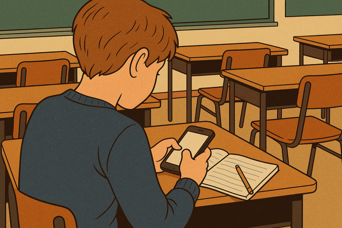 AI illustration of a student in a classroom with a cellphone. Prompt: "Make a graphic of a kid sitting in a classroom with a cellphone, from an angle where no faces are visible"