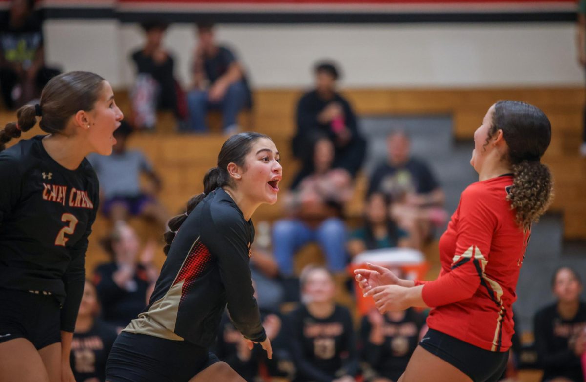 FIRED UP. Senior Hannah Javadian, and Rylee Holman, celebrated their libero Zulianette Rivera Lorenzo for getting them a point during a home game against Willis on Aug. 19, 2025. The team's energy carried them to a second set victory for this game.