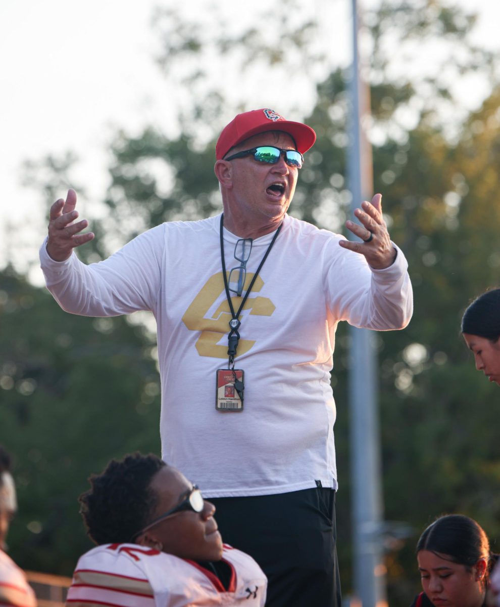 HALFTIME BOOST. Coach Hamilton was giving his players a speech during half time on Sept 4, 2025. Hamilton was trying to be motivational to his players so they would go back into the game with a better mindset. “ We're off to a slow start, since we're still going over the fundamentals,” Hamilton said. “ Freshman A team works really hard since they go against harder opponents,” Hamilton said. 