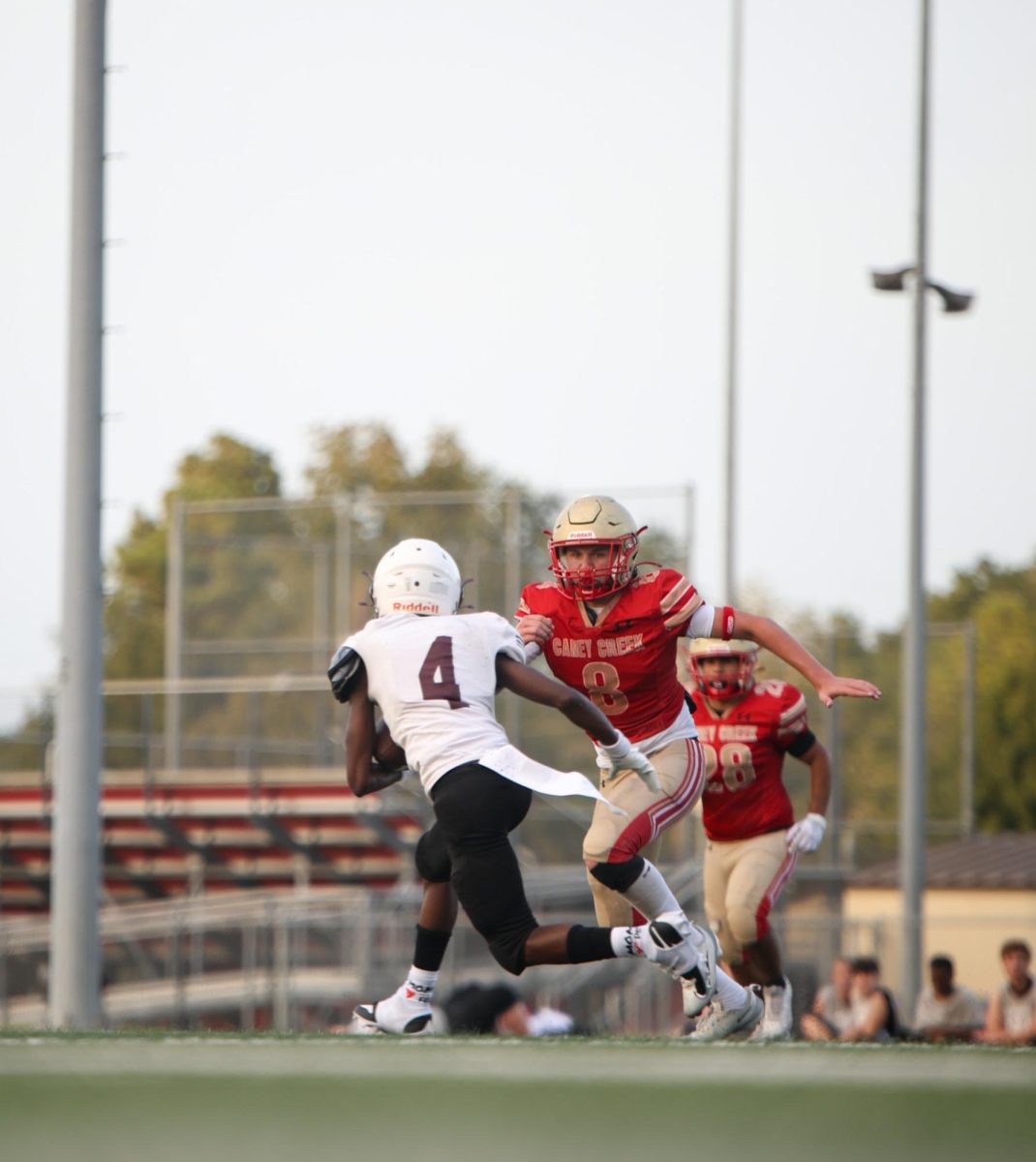 Freshman Chett Smart goes to make a tackle against Waller on Aug. 28, 2025. “My mindset before the game is to play hard and go out on the field with no fear,” Smart said. “I wanna make them fear me and my team.”