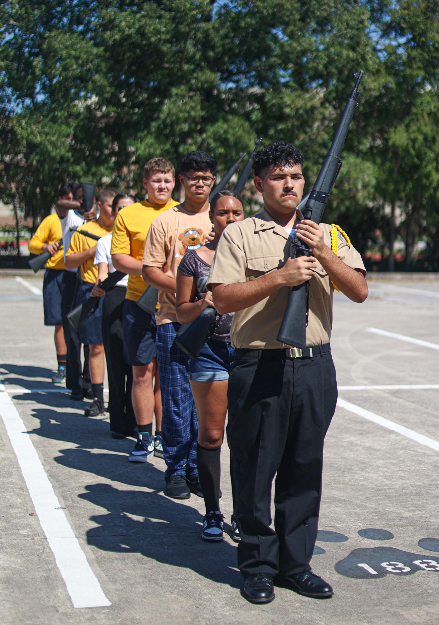 Abrahm Hernandez (12) was practicing for his upcoming drill meet on Sept.10, 2025. ROTC usually has drill practices weekly every Monday and Wednesday. Hernandez mentions that from joining ROTC involuntarily, now became something big from his life. “They had put me in ROTC because P.E was full but I ended up liking it and giving it a try,” Hernandez said. “In my opinion it's a very fun experience.”