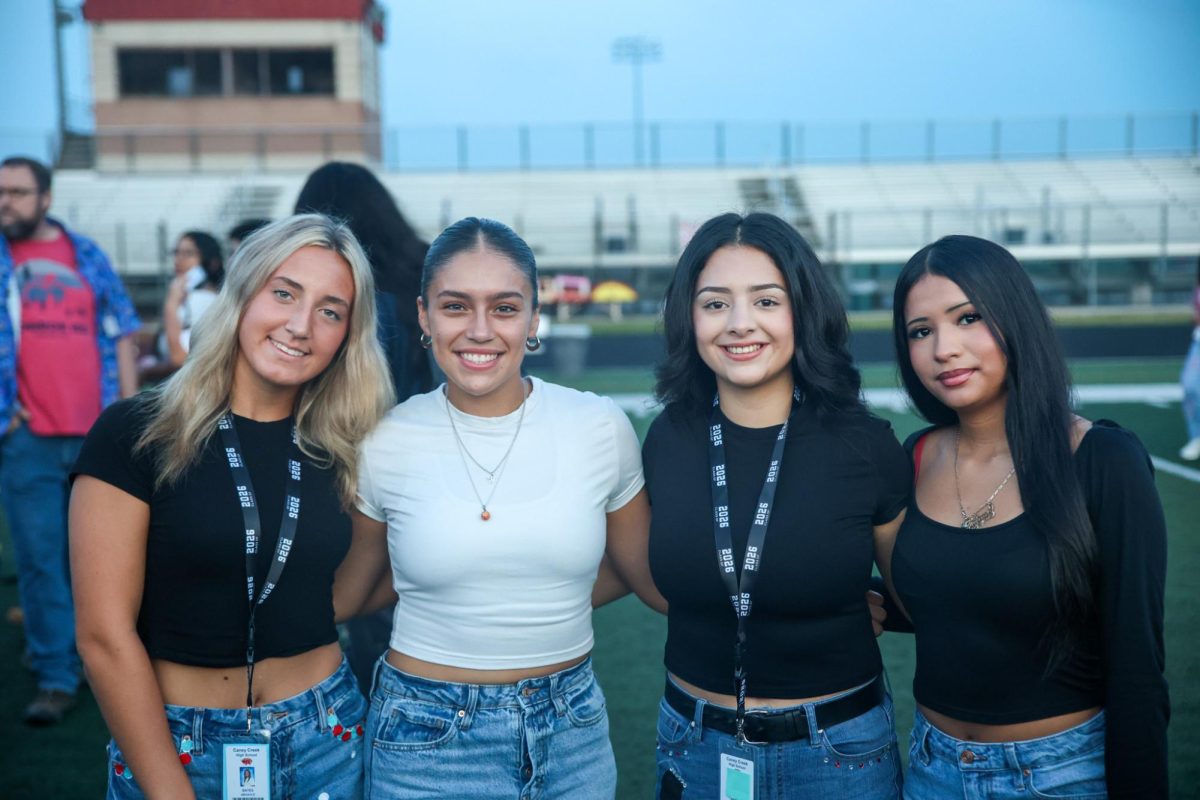 FAST TIMING. Seniors Abigayle Bates, Yeiry Zamodio  Esmerelda Barrios, and Fatima Gadea Montesinos take a photo together at Senior Sunrise on Aug. 29, 2025. They ask for a photo to remember a time they had together for their last year of high school. “Time has gone by so fast, and I never imagined we’d be here already,” Zamodio said. “Senior year has been going by so fast already and it really doesn't even feel like I'm a senior yet," Bates said. 