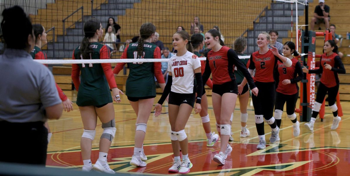 GOOD LUCK. Before the game against The Woodlands on Tuesday, September 2, Isabelle Deal (10) and the rest of the volleyball team went to give The Woodlands team a “good luck” before the game. “I was nervous before the game, I thought we were going to do pretty well, maybe a tough match but we did good,” Deal said.