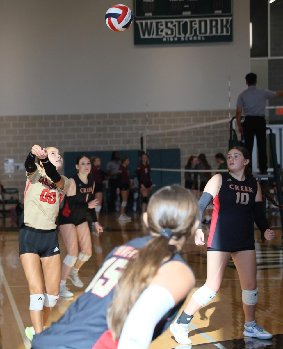 FAITH. Sophomore Isabella Deal was frantic, Deal knew she had to hit that ball over the net to save Caney Creek from having to timeout. “My main goal was to get the ball up and just to have a positive mindset to anything that would happen,” Deal said.