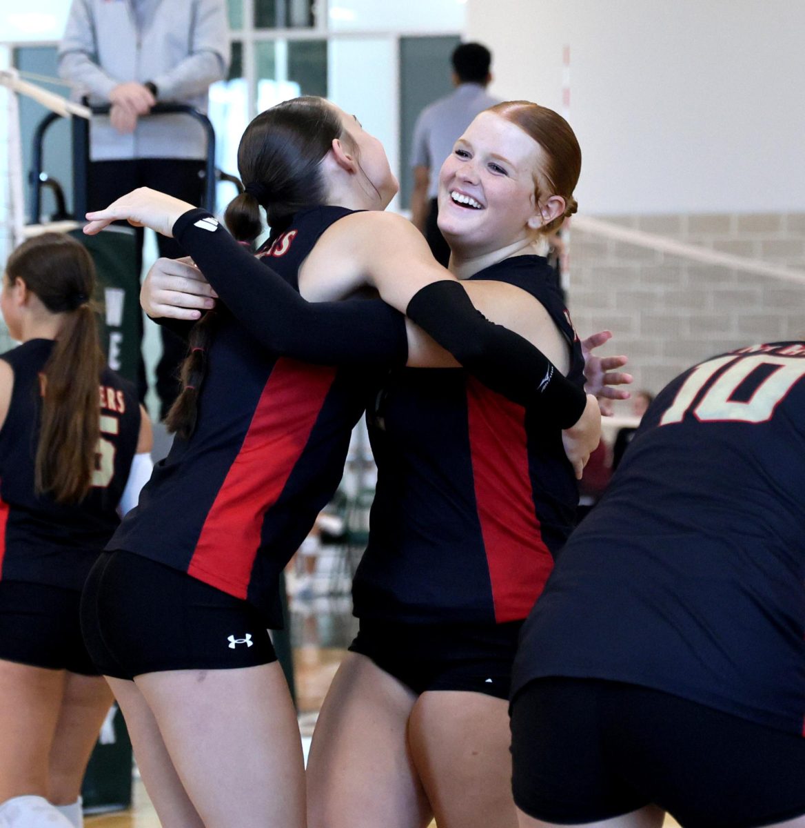 CELEBRATE. Caney Creek played out an amazing team coordinated play, helping us gain 2 points. Sophomore Kaylyn McConnell said “After each point we should always hype each other up, because I have to have faith in my hitters to be confident, and hyping them up can help with that,” McConnell said “If one person is down, It brings everyone down.” 