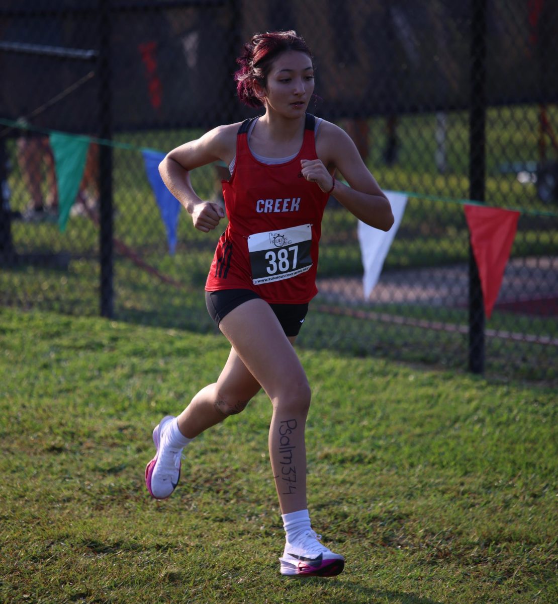 POSITIVE Junior Marianna Martinez was pushing hard on her final lap during the Longhorn Stampede meet on Sept. 18, 2025. “I was nervous but I'm nervous before every game because I really wanted to PR,” Martine said. “ But overall I felt good and confident, I placed 6th in the race, I felt very proud because it very hard to get one in varsity"