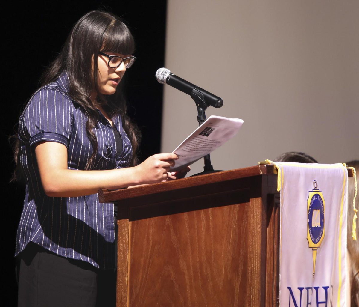 VOICE. Senior Jourdanne Grandados was giving her speech before the new inductees received their certificates during the NEHS induction ceremony on Sept. 9. 2025. Grandados was excited for the new inductees because of the social aspect. "I've gotten closer with people I didn't know before and made a lot of new friends,” Grandados said. 