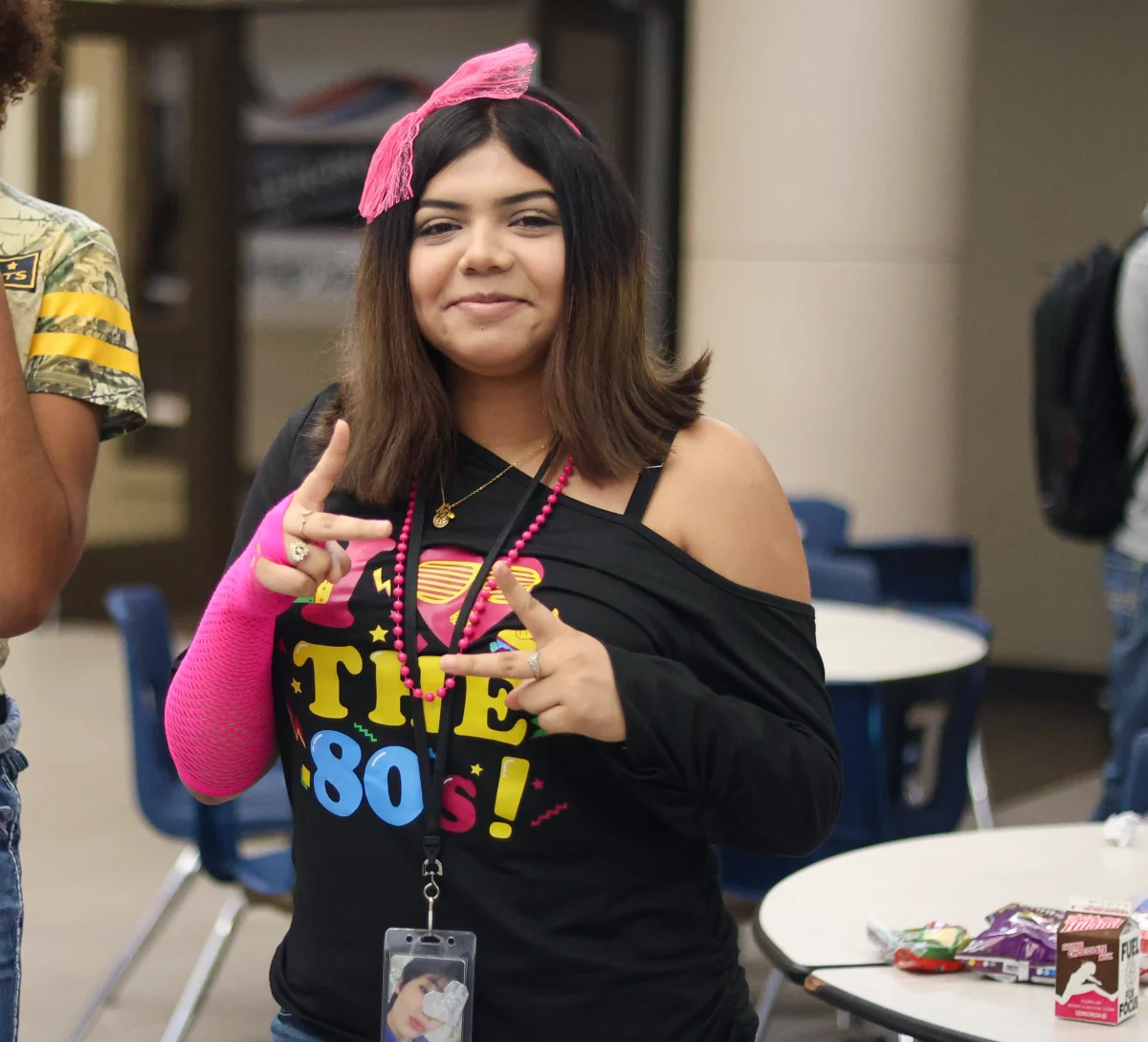 BOLD AND COLORFUL. Junior Mercedes Suarez was showing spirit for the Decades Party spirit day on Oct. 1, 2025. Suarez wore bright colorful clothes representing the late 80’s early 90’s time period. 