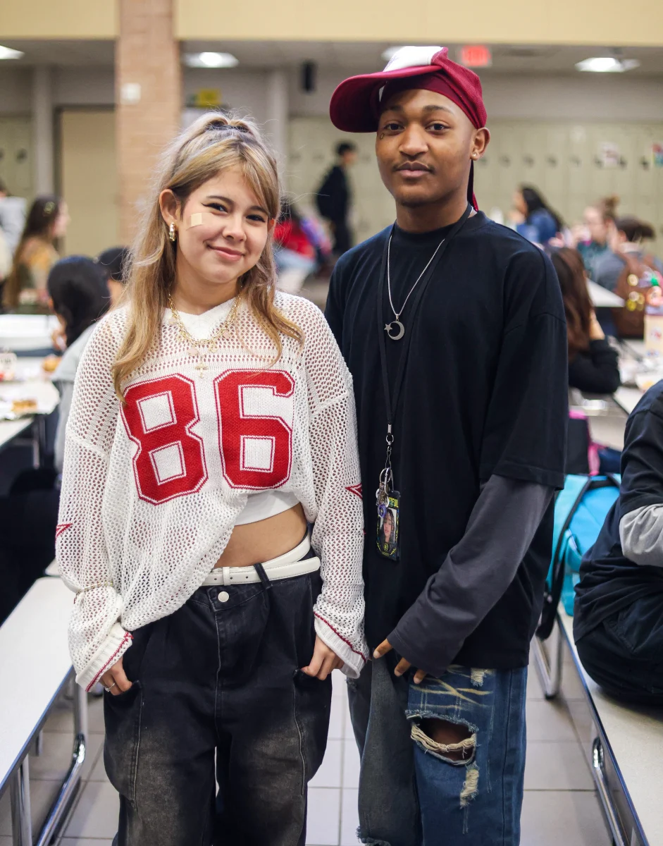 THE 80’S. Senior Brithany Martinez and her friend dressed up for the Decades Party spirit day on Oct. 1, 2025. Both students were dressed in clothing representing the 1980’s time period. Martinez is trying to enjoy as much as she can. “ It might seem like a small gesture but I know that once I’m older I’ll miss it badly,” Martinez said. “I love dressing up and showing off my school spirit.”
