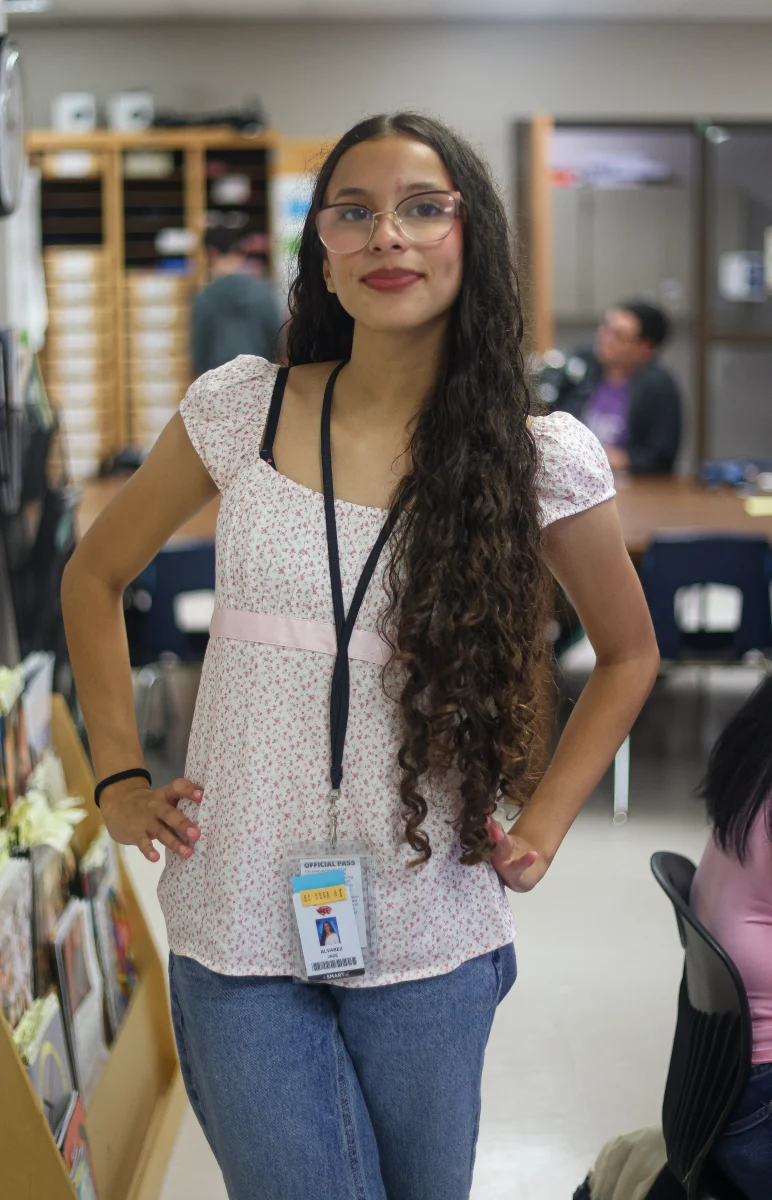 BEING FULL OF SPIRIT. Sophomore Jade Alvarez wore a pink floral shirt to show her spirit for the Tea Party Homecoming spirit day on Oct. 2, 2025. Alvarez wants to begin participating more on spirit days so she can have fun her high school years.